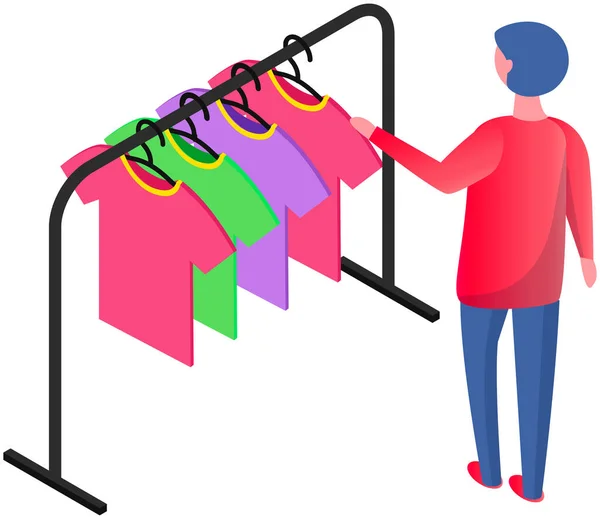 Choosing Clothes Store Shopping Concept Male Buyer Chooses Clothing Dressing — Stock Vector