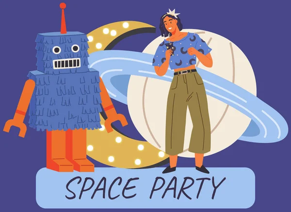 Animators Birthday Party Cosmic Style Theme Party Costumes Dancing People — ストックベクタ