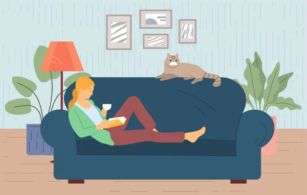 Young Woman Reads Book Couch Cosy Home Girl Sitting Sofa — ストックベクタ