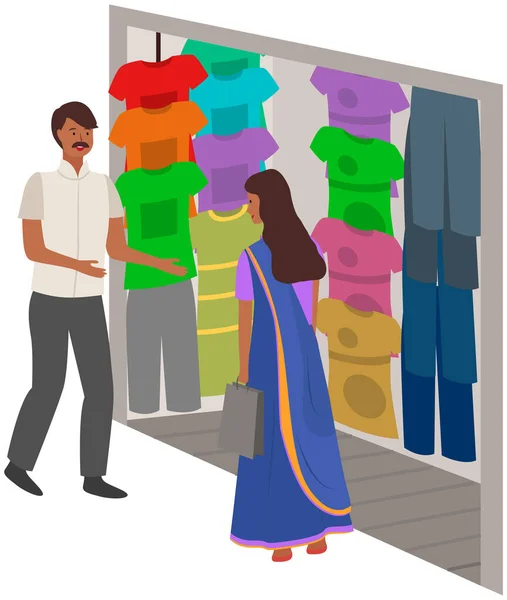 Indian Street Bazaar Man Sells Textile Clothes Female Buyer Tourist — Διανυσματικό Αρχείο