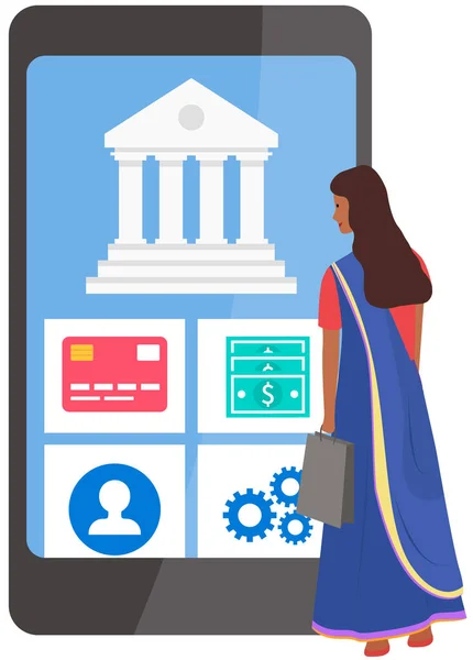 Concept Mobile Banking Online Payment Flat Vector Indian Woman Phone — Stok Vektör