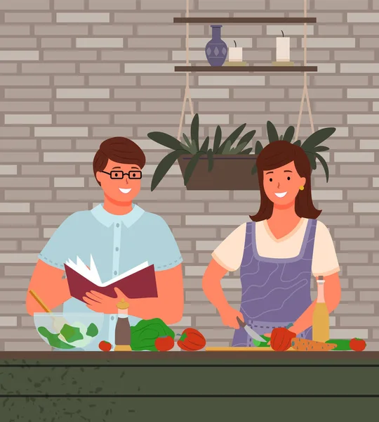 Young Smiling Couple Aprons Making Salad Together Preparing Vegetarian Food — Archivo Imágenes Vectoriales