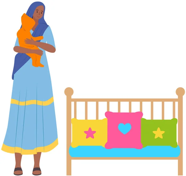 Mother Holding Her Baby Standing Crib Motherhood Parenting Baby Care — Vettoriale Stock