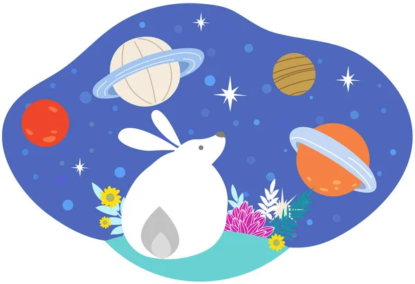 Cute White Rabbit Staring Falling Stars Night Sky Cartoon Hare — Vector de stock