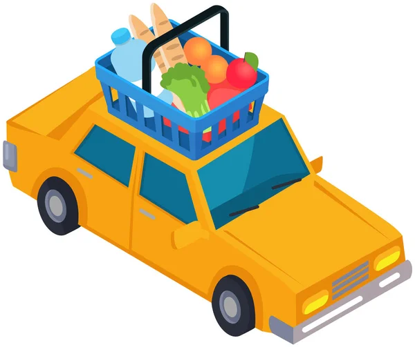 Yellow Vehicle Basket Roof Food Delivery Service Transportation Purchases Concept — стоковый вектор