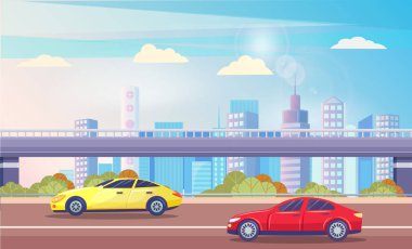 Yollarda otoyol ve araba olan şehir manzarası. Modern şehrin silüeti. Gökdelenleri ve köprü inşaatı olan bir gökyüzü. Otomobilli şehir manzarası. Mimarlık caddesi. Düz biçimli vektör