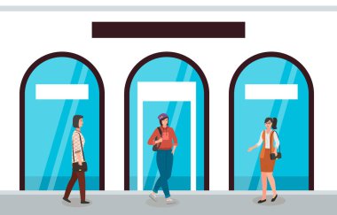 Mağaza pencerelerinin arka planındaki kadınlar. Mağazanın yakınındaki kadın karakterlerin vektör çizimi. Farklı giyinen üç kadın, spor giyinen şapkalı bir kız, takım elbiseli bir iş kadını.