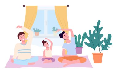 Anne, baba ve kızı evde lotus pozisyonunda yoga yapıyorlar. Mutlu aile sağlıklı bir hayat sürüyor, ortak aktif eğlence, sıradan aile sporları. Aile yoga yapıyor, evde halıda oturuyor.