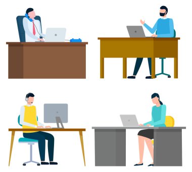 İnsanlar iş yerlerinde dizüstü bilgisayarlı sandalyelerde oturuyorlar. Uluslararası şirkette çalışan kadın ve erkek. Beyaz arka planda dört işçi. Düz biçimli vektör karikatür çizimi