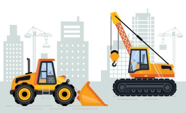 Çapa ve seyyar vinç, gökdelen ve Jenny View, bina. Kancalı ve kepçeli makine, şehir mühendisliği, kaldırma teknolojisi, proje vektörü