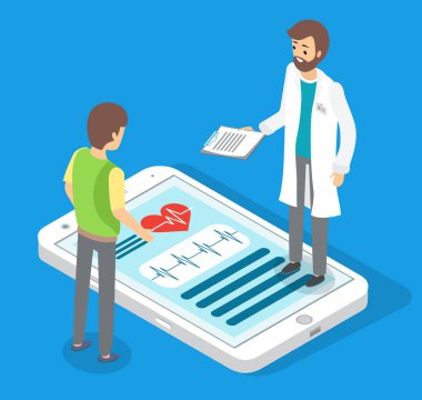 Sağlık ve tıbbi danışmanlık başvurusu. Doktor ve tıp çalışanları, sağlık hizmetleri ve modern teknoloji konseptiyle çevrimiçi tıbbi danışmanlık. Hasta mobil uygulama kullanan bir doktora danışır.