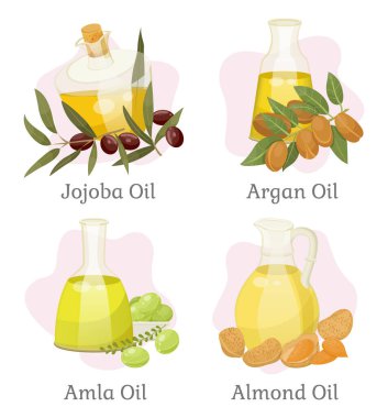 Jojoba ve argan, amla ve badem saç yağları şişe vektöründe. Cilt bakımı ve saç bakımı, güzellik ve sağlık, organik kozmetik ürünleri, doğal bitkiler. Şampuan ve saç kremi malzemeleri çizimi