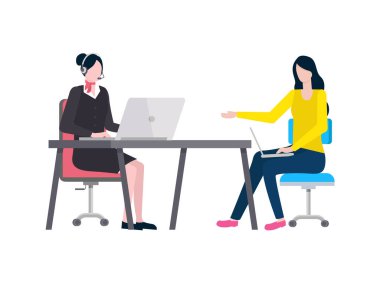 İşteki kadınlar görev vektörü, dizüstü bilgisayarı olan insanlar ekrana bakıyor, kadınlar bilgisayar ve yenilikçi teknolojiler kullanarak koltukta oturuyor