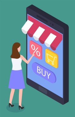 İnternetten alışveriş yapmak, akıllı telefonun yardımıyla sipariş vermek. Yenilikçi teknolojileri kullanarak satış teklifleri ve indirimler alan bir kadın. Cep telefonlu kadın karakter, izometrik tarzda vektör