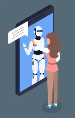 Mobil uygulama, yapay zeka. Droid sistemiyle çevrimiçi sohbet. Telefondaki asistanla konuşma simülasyonu. Kadınlarla bot sohbetleri, diyaloglar. Isometric 3d illüstrasyon