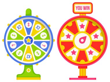Kazanan numaraları ve çok renkli sektörleri olan, düz stil resimli servet avcıları. Şans tekerleği konsepti. Kumarhane ve kumar vektörü. Kumarhane serveti, tekerlek kazanma oyunu