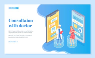 Tıbbi web sitesinin iniş sayfası. Acılı bir doktor ve hastaya çevrimiçi danışma. Sanal yardım, sanal ilaç, yardım, tıbbi uygulama. İnternet tıbbı, telefonda uzmanla sohbet.