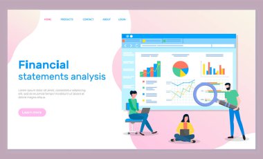 Mali durum analizi. Büyüteç araştırması yapan adam istatistikleri, grafikleri, şemaları, grafikleri analiz ediyor. Dizüstü bilgisayar kullanan kadın işçiler finansal analiz yapıyor. Web sitesi iş sitesi