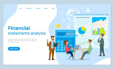 Mali durum analizi, iş sitesinin iniş sayfası, şirket gelirlerini hesaplayan insanlar. İş adamları iletişim kuruyor, grafikleri, grafikleri analiz ediyor, finans sayıyor, yatırımcılar çalışıyor