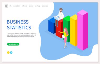 Web sitesinin iniş sayfası. İş istatistikleri. Laptop kullanan bir adam. İş kadını grafikle sunar. İş adamları finansal istatistikleri analiz ediyor, grafikler büyüyor. Web analizleri, dijital pazarlama