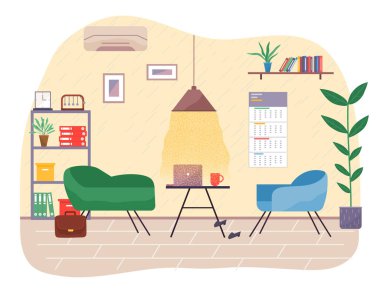 Kahve masası, dizüstü bilgisayar, tavan abajur, rahat yeşil ve mavi koltuklar, saksı bitkisi. Kitaplık klasörleri, belgeler. Daimi hareket. Klima, evrak çantası. Rahat ofis çalışma alanı