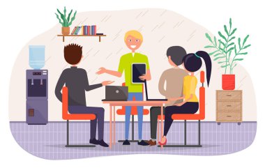 Konferans ya da iş toplantısı, elinde dijital tabletle bir grup meslektaşın önünde duran adam, yeni proje ya da plan, takım çalışması beyin fırtınası, ofis toplantısı...