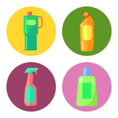 Evi temizlemek için çok renkli plastik kaplar seti. Daireler çizerek plastik şişeler ve kaplar. Logo, site için bilgi. Ev mikroplarından ve ıslak temizlikten kurtul. Beyaz üzerine düz vektör resmi