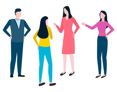 Danışman erkek ve kadın iş konularını tartışıyor, iş arkadaşlarıyla işbirliği yapıyor. Vektör simsarları ve dolandırıcılar, borsacılar ya da karantinaya alınmış borsacılar