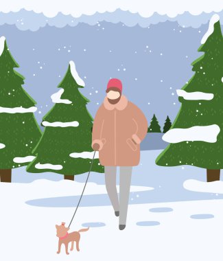 Sakallı, kalın paltolu, şapkalı bir adam. Kış ormanında tasmalı komik bir köpekle yürüyor. Kış ormanı, karlı köknar ağaçları, çamlar. Kar yağıyor, gri-mavi gökyüzü. Temiz havada evcil hayvanla yürüyorum