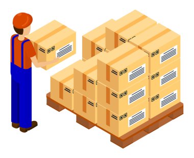 İşçi karton kutularla dolu tahta palette kutu yüklüyor. Posta taşımacılığı. İş kıyafetleri içinde kutu tutan bir adam. Kutularla birlikte istifleyin. Teslimat servisinin karikatür çizimi. Isometric 3d