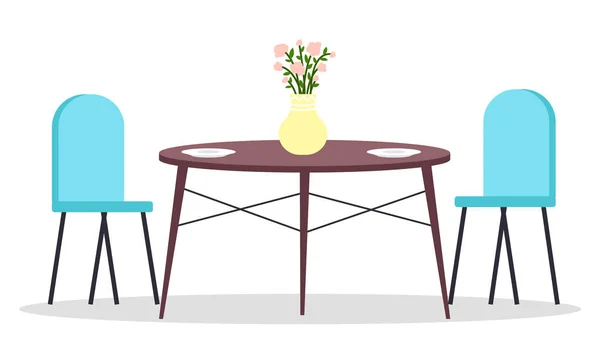 Μεμονωμένες Καρέκλες Τραπέζι Λουλούδια Στο Βάζο Και Δύο Πιάτα Φαγητού — Διανυσματικό Αρχείο