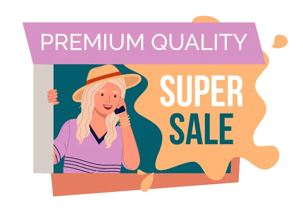 Premium Kwaliteit Super Sale Banner Met Mooie Blonde Vrouw Muts — Stockvector