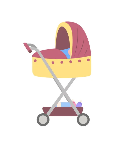 Pram Newborn Kids Vector Stroller Baby Boy Necessary Things Childcare — Stock Vector