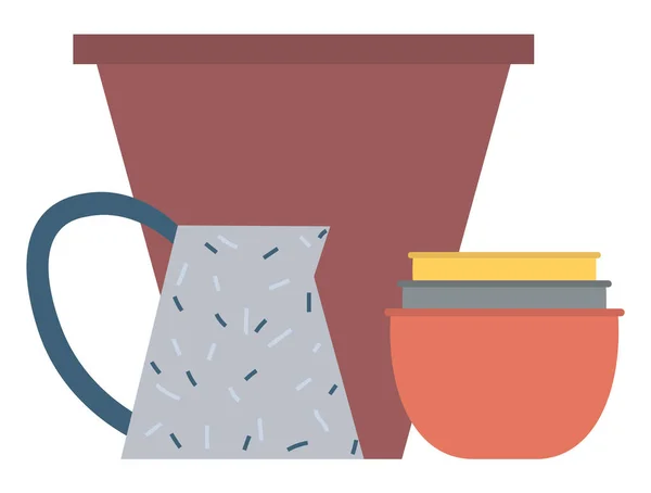 Pot Céramique Cruche Avec Poignée Bols Colorés Sur Blanc Ustensile — Image vectorielle