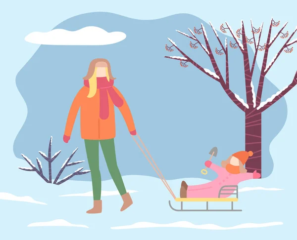 Anya Gyerek Téli Parkban Töltik Hétvégéket Női Karakter Húzza Szánkók — Stock Vector
