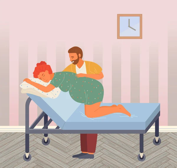 Birth position for pregnant woman, husband help wife to relax, support female, comfortable posture for birthing, man help during birth pains, girl standing at knees at medical bed and lean at pillow