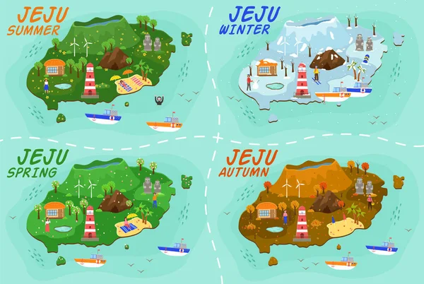 Insel Jeju Reisekarte Reiseführer Koreanischen Land Mit Traditionellen Attraktionen Wie — Stockvektor