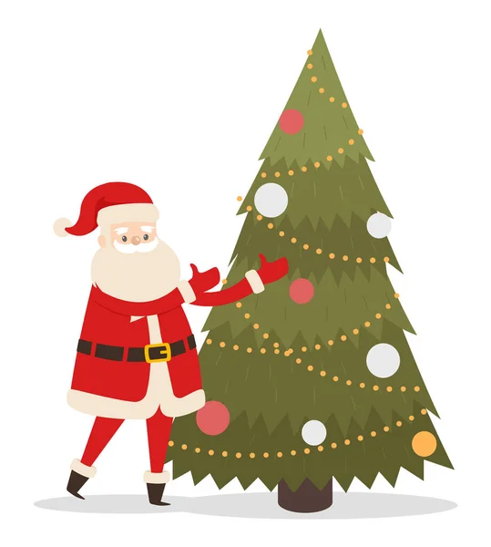 靠近圣诞树的圣诞老人 枞树装饰着五彩缤纷的花环和花球 圣诞佳节 卡通人物祝您节日快乐 白色部分的孤立图解 — 图库矢量图片