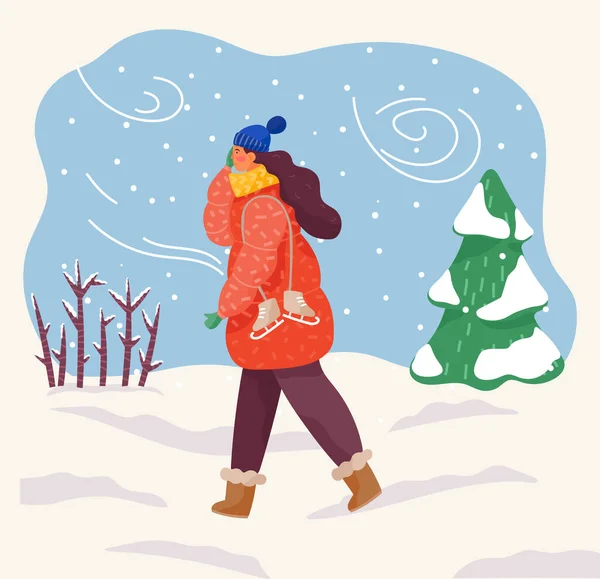暖かい服の帽子とスカーフを身に着けている女性のキャラクターはスケートリンクから帰ってくる 吹雪の雪と激しい風が森の中で吹いている 雪に覆われた松の木 冬の風景ベクトル — ストックベクタ