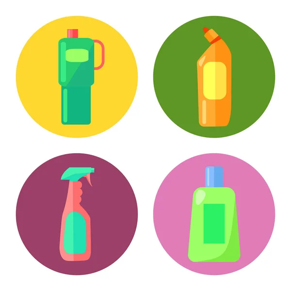 Set Von Mehrfarbigen Kunststoffbehältern Für Die Reinigung Des Hauses Plastikflaschen — Stockvektor