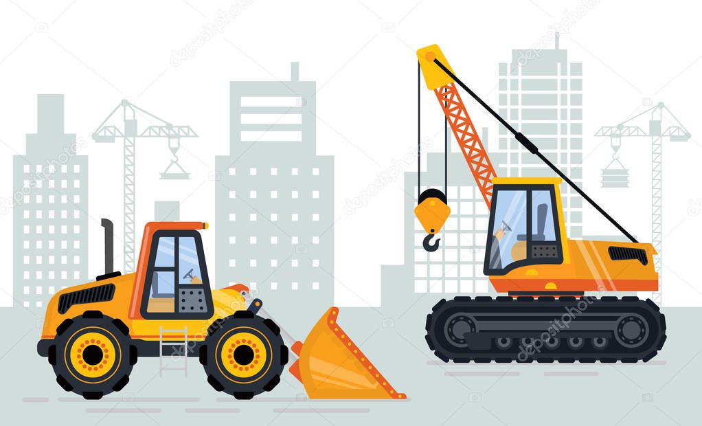 Backhoe and mobile crane, skyscraper and jenny view, building place. Machine with hook and scoop, urban engineering, lifting technology, project vector