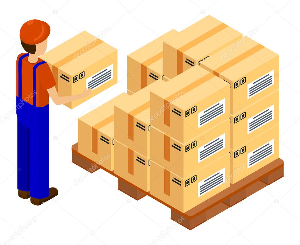 Worker loading box at wooden pallet with card boxes. Postal transportation. Man wearing work clothes holding box, put it on stack with boxes. Cartoon illustration of delivery service. Isometric 3d