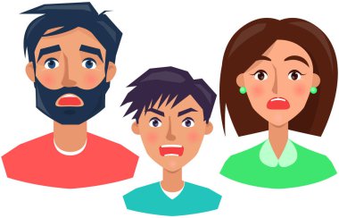 Negatif yüz ifadesi insanları üzdü. Öfkeli bir aile, sakinlik. Kadın karakterinin hoşnutsuz yüzü. Mutsuz adam vektör çizimi. İnsani duyguları ifade etmek, hoşnutsuzluk