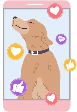 Cep telefonu uygulaması, evcil hayvan sahipleri için sosyal medya. Kedi ve köpek fotoğraflarını paylaşma programı. Akıllı telefon için modern uygulama, evcil hayvanlar için sosyal ağ. Beğenileri ve yorumları olan köpek selfie 'si ekranda