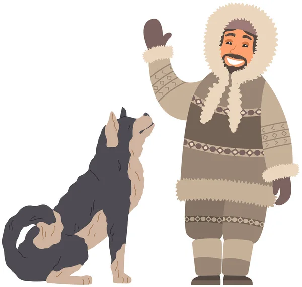 Eskimo Beyaz Arka Planda Tüylü Kızak Köpeğiyle Kalın Kış Kıyafetleri — Stok Vektör
