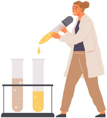 Bilim adamı ekipmanlarla laboratuvar analizi yapıyor. Bilimsel deney yapan kimyager, mataradaki sıvıyla kimyasal araştırma, asistan, biyolojik örnek, eğitim, kimya, bilim