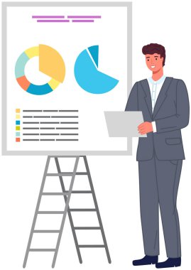Analitik bilgi ve geliştirme istatistikleri. Web analiz ölçümü, ürün test teknolojisi. Adam gösterge panelinin optimizasyonunu, dijital raporunu analiz ediyor. Diyagramda istatistiksel göstergeler ve veriler