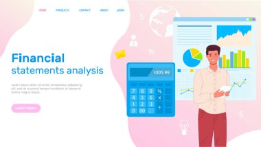 Finansal durum analizi ve kar artışı. Hesap makineli kablosuz muhasebe cihazı olan bir adam. Web sitesi ya da web sayfası şablonu, iniş sayfası tasarımı. İstatistiksel göstergeler ve veri analizleriyle çalış
