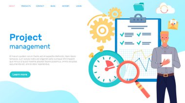 Adam iş stratejisini analiz ediyor. Analiz, beyin fırtınası ve iş yönetimi konsepti. Web sitesi, web sayfası, iniş sayfası şablonu. İş planı oluşturma ve proje yönetimi ile çalışan işadamı