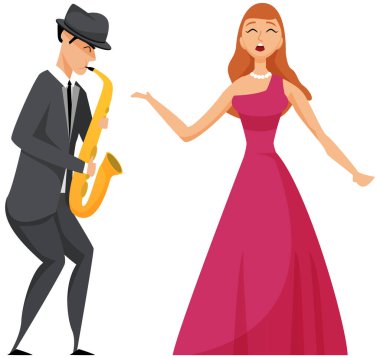 Güzel bayan şarkıcıyla çeşitli caz düetleri şarkı söyler. Müzikal enstrüman saksafonla çalan bir grup müzisyen sahnede performans sergiliyor. Hobiler ve meslek, sahne sanatçıları, klasik konser